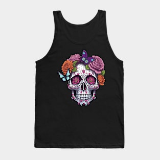 Funny Sugar Candy Skull With Flowers Tank Top